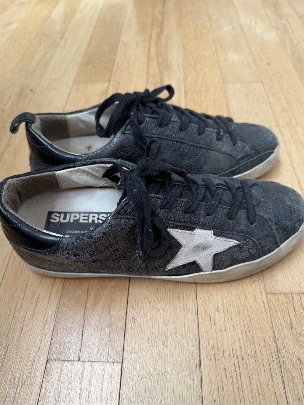 Well Loved! Golden Goose Black Crinkle Leather Sneakers w/ White Star, sz. 38